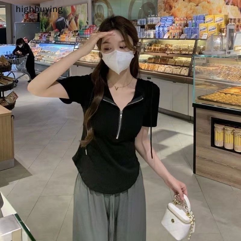 Áo Thun Tay Ngắn Có Khóa Kéo Màu Sắc Thời Trang Cho Nữ