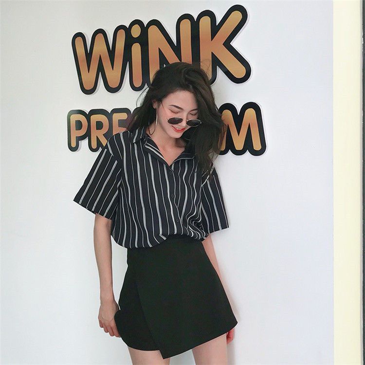 Áo Sơ Mi Tay Ngắn Họa Tiết Kẻ Sọc Thời Trang Mùa Hè Phong Cách Hàn Quốc Cho Nữ
