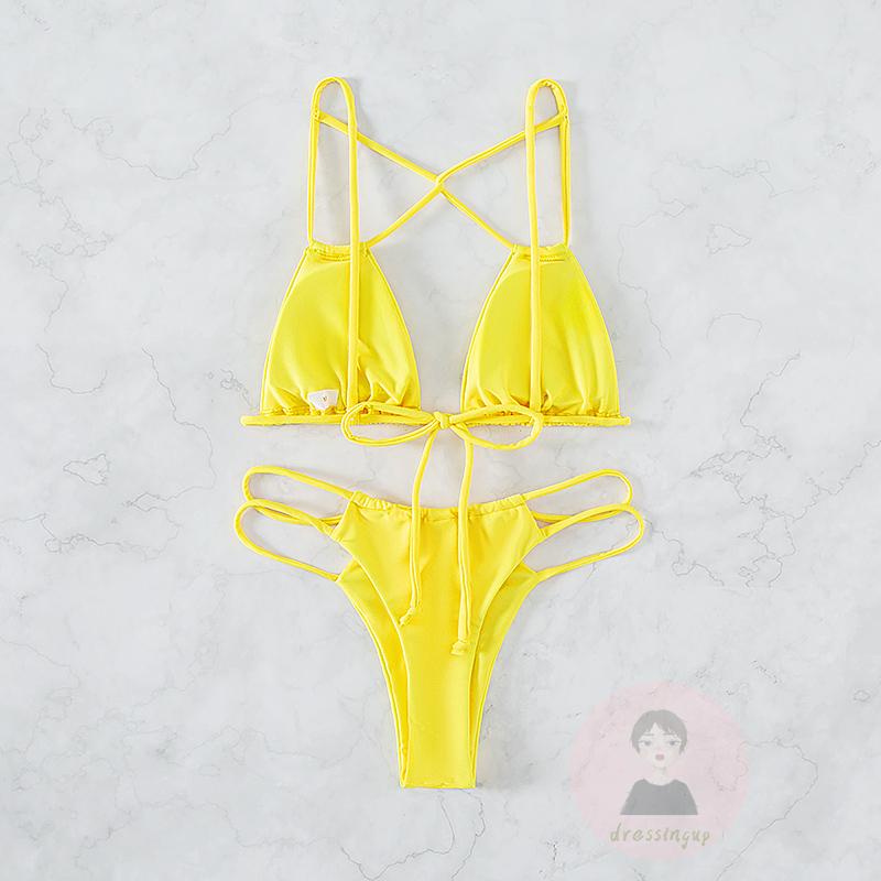 Bộ Đồ Bơi Bikini Màu Trơn Chéo Dây Có Đệm Ngực Thời Trang Mùa Hè Cho Nữ