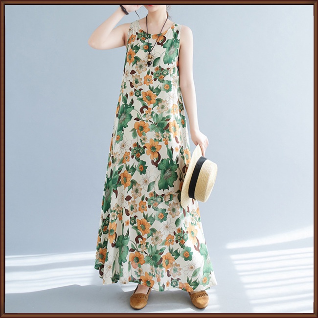 Đầm Dài Rộng Không Tay Bằng Vải Lanh Cotton In Hình Phong Cách Bohemian Thời Trang Mùa Hè Dành Cho Nữ