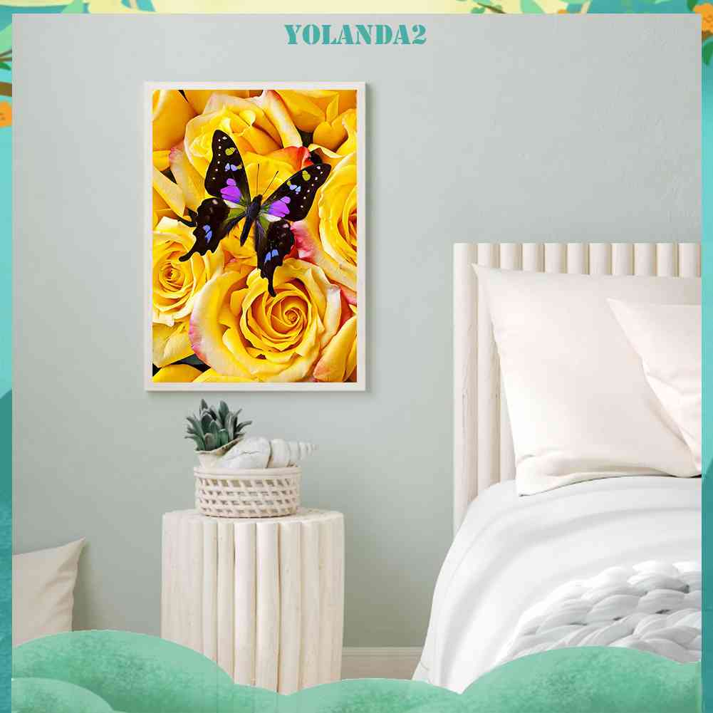 Bộ Tranh Đính Đá 5D Tự Làm Toàn Diện Hình Bướm Và Hoa Hồng Vàng Trang Trí Tường