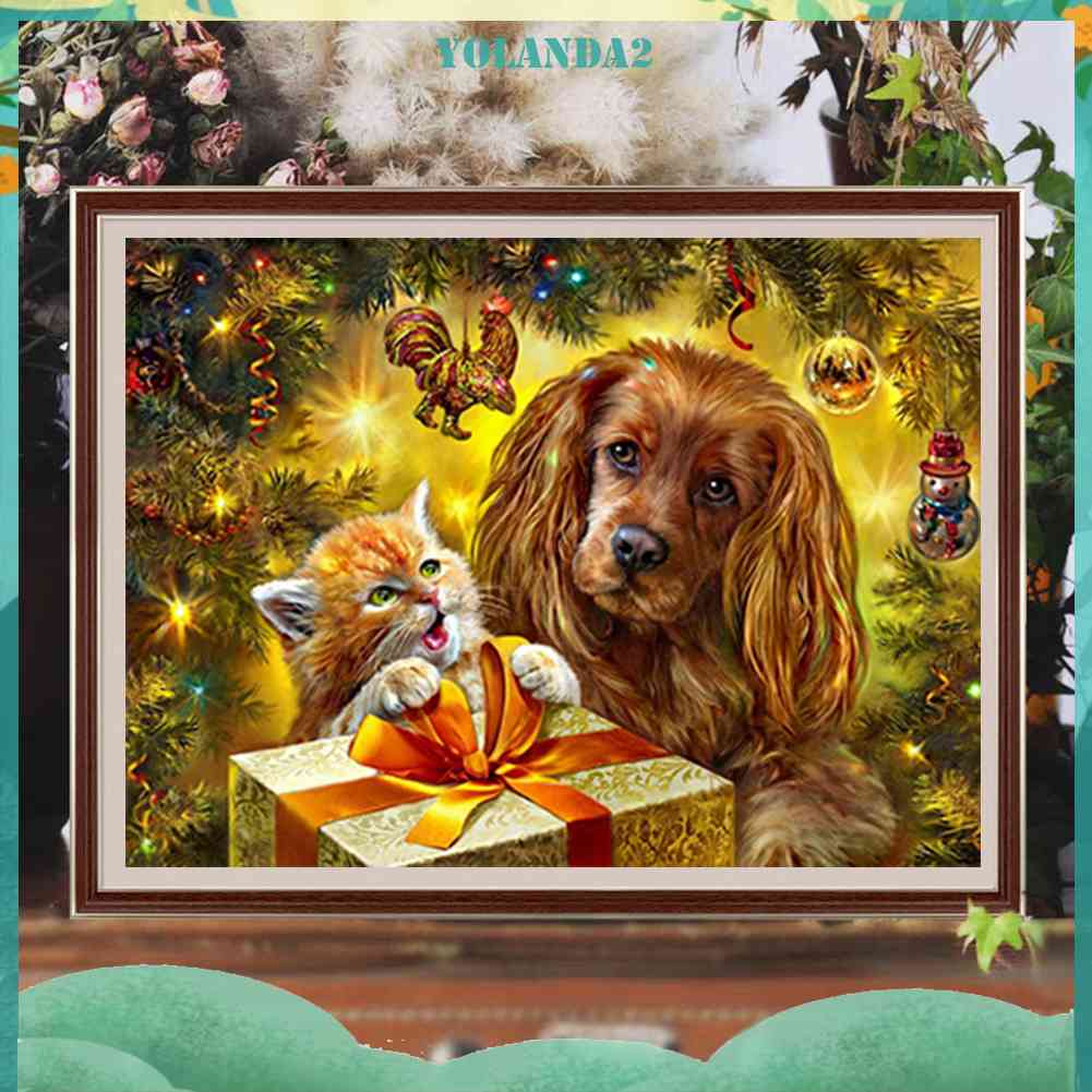 Tranh Đính Đá Kim Cương Toàn Bộ 5D DIY Hình Chó Mèo Giáng Sinh