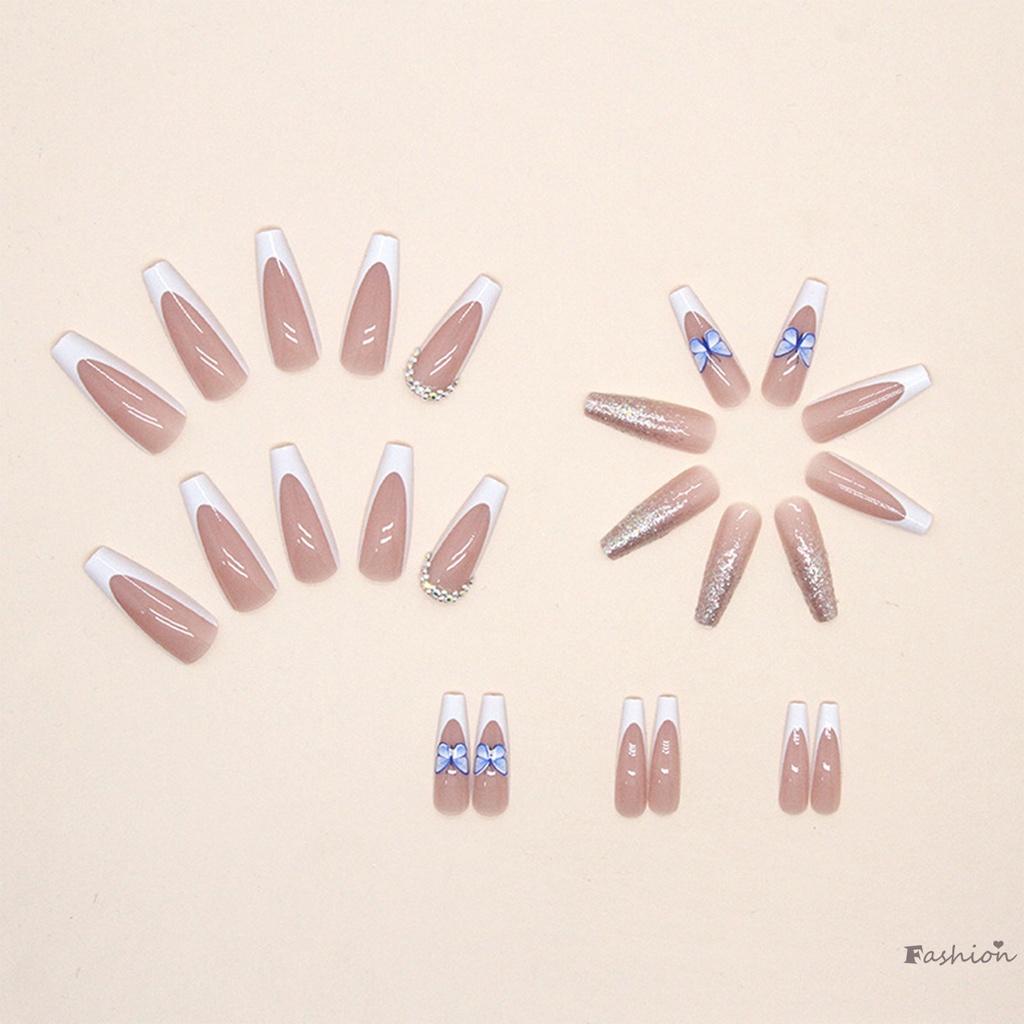 Bộ Móng Tay Giả Hình Bướm Màu Trắng / Xanh Kèm Keo Dán