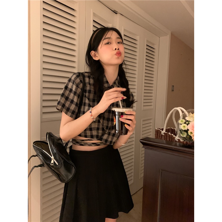 Áo Sơ Mi Nữ Cột Dây Eo Dáng Ngắn Họa Tiết Caro Thời Trang Mùa Hè Xinh Xắn