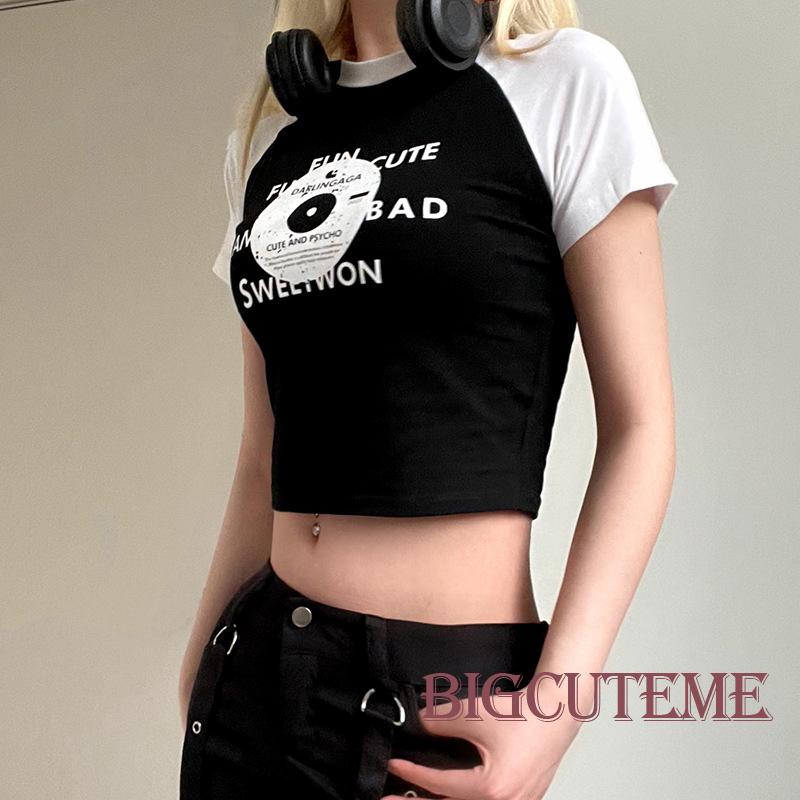 Áo Croptop Tay Ngắn Cổ Tròn Màu Sắc Tương Phản In Chữ Thời Trang Cho Nữ