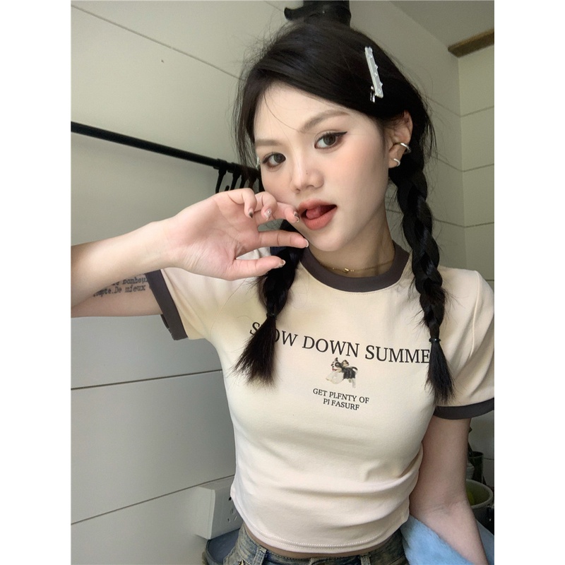 Áo Thun Tay Ngắn Cổ Tròn In Họa Tiết Màu Sắc Tương Phản Thời Trang Cho Nữ