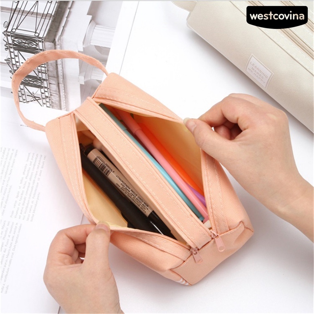 [COD]♪Túi Đựng Bút Chì Hai Lớp Màu Trơn Họa Tiết Sọc In Chữ Hai Lớp Sức Chứa Lớn