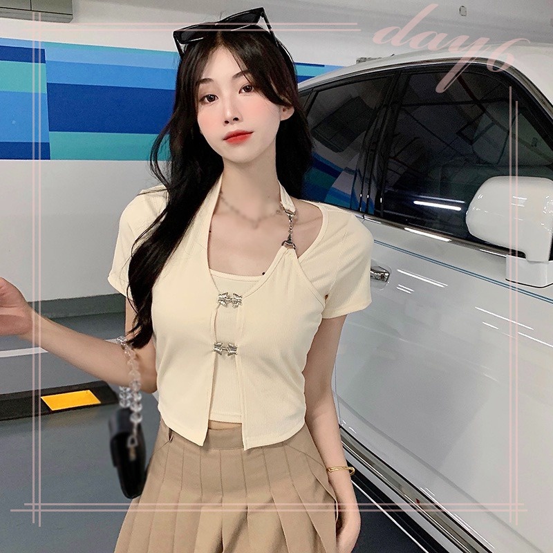 Áo Thun Ngắn Tay Giả Hai Lớp Phong Cách Hàn Quốc Dành Cho Nữ