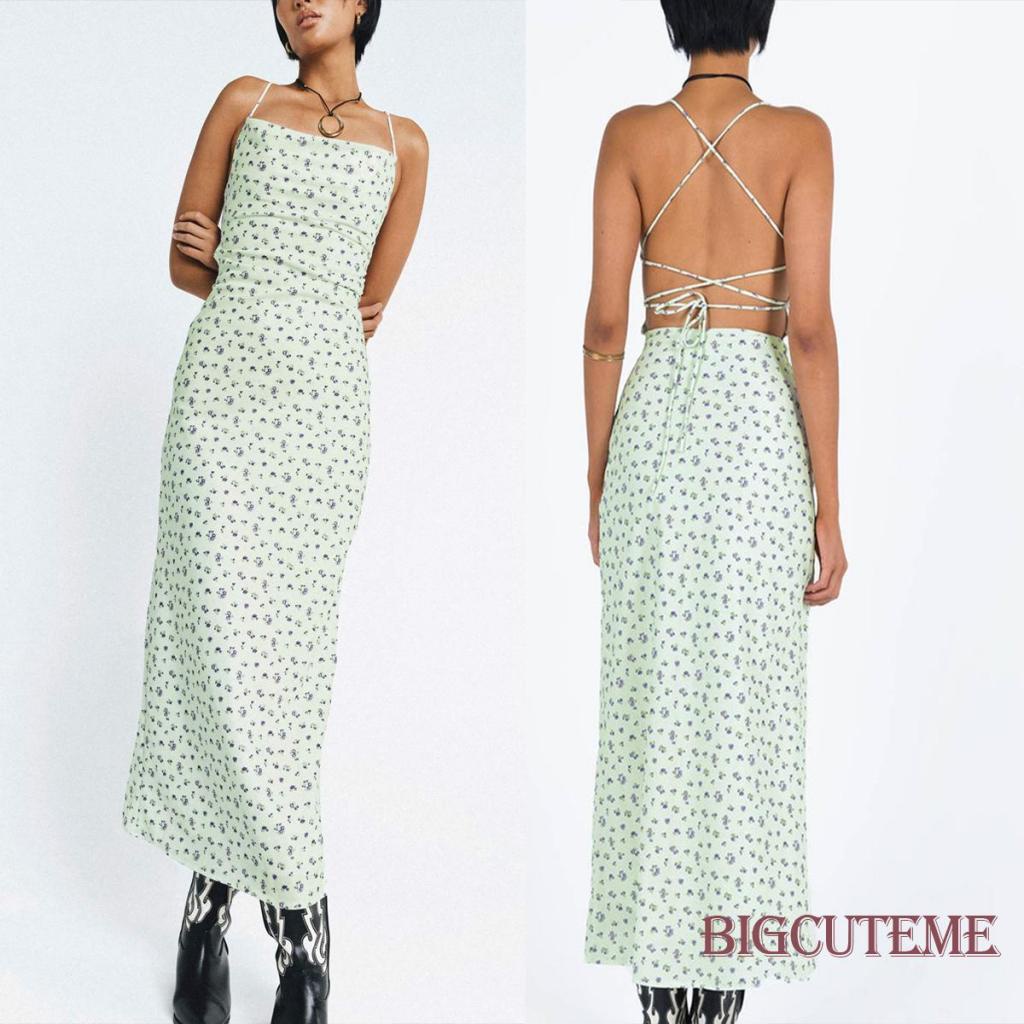 Đầm Hai Dây Mùa Hè Họa Tiết Hoa Hở Lưng Cho Nữ