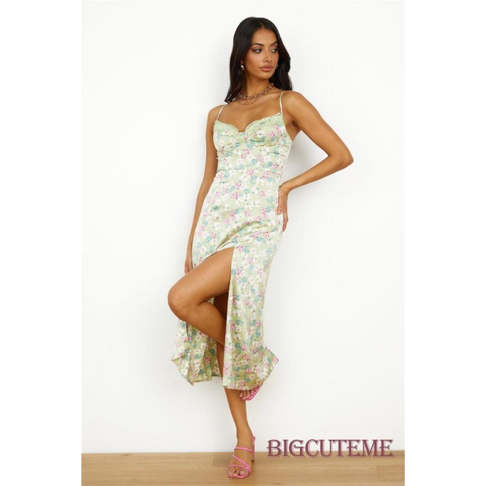 [] - Đầm Midi Hai Dây Hở Lưng Phối Ren Họa Tiết Hoa Phong Cách Quyến Rũ Cho Nữ