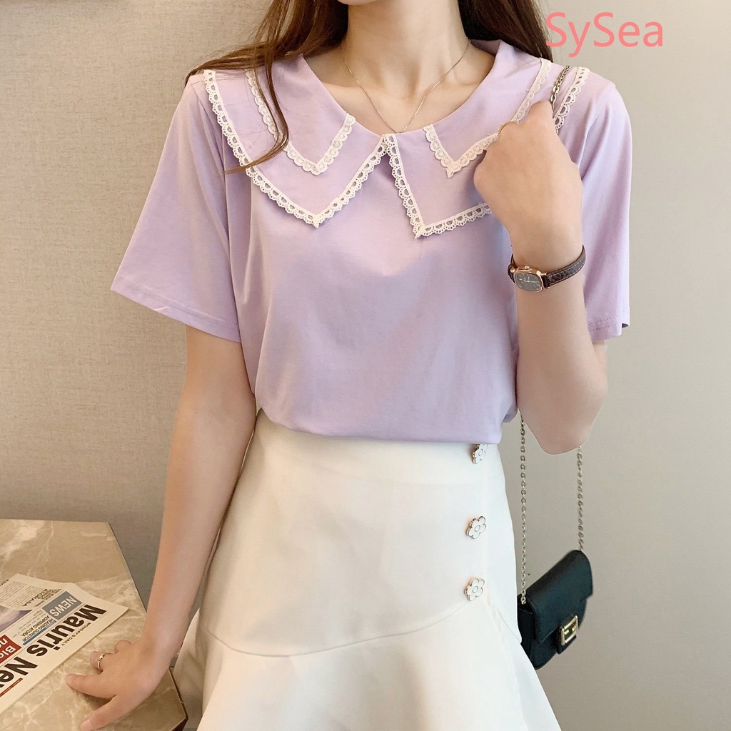Áo Sơ Mi Ngắn Tay Dáng Rộng Phối Ren Phong Cách Hàn Quốc Dành Cho Nữ
