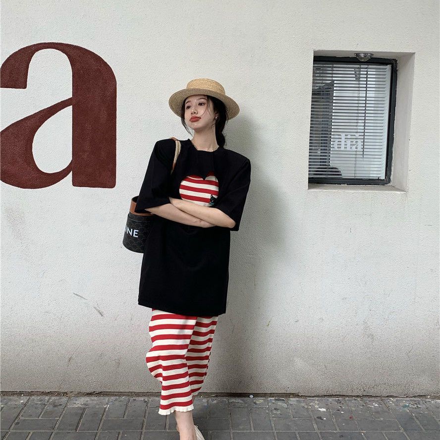 [F &amp; X] Đầm Dệt Kim Hai Dây Ôm Dáng Họa Tiết Kẻ Sọc Màu Đỏ Thời Trang Mùa Hè Dành Cho Nữ