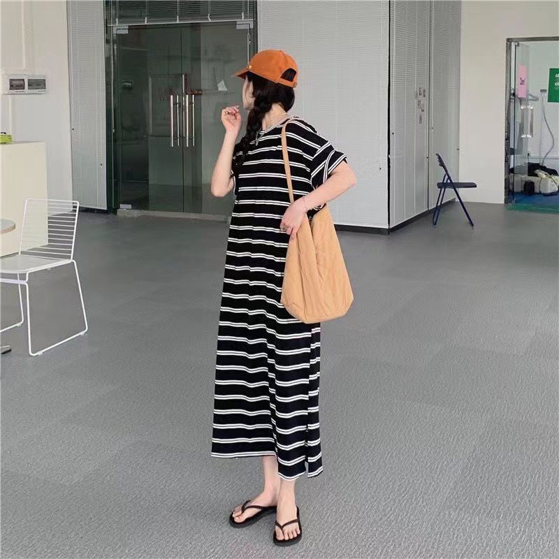 COZOK Váy Ngắn Tay Dáng Rộng Họa Tiết Sọc Thời Trang