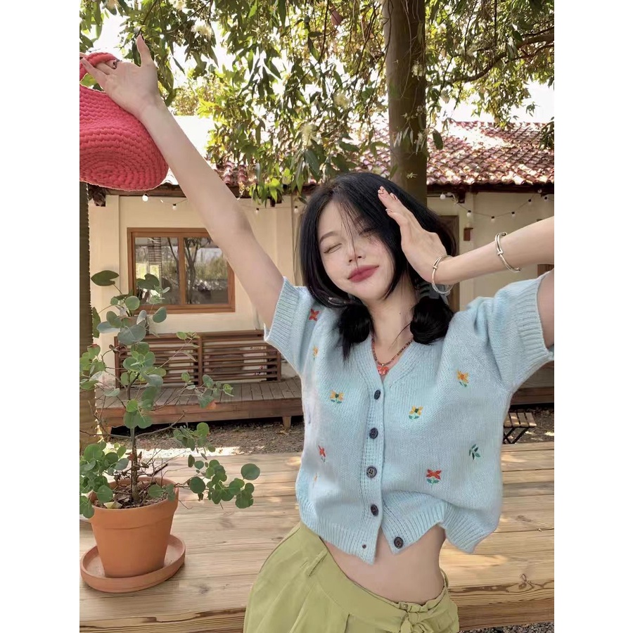 Áo Cardigan Dệt Kim Tay Ngắn Dáng Rộng In Họa Tiết Hoa Đơn Giản Phong Cách Pháp Thời Trang Mùa Xuân Mới Cho Nữ