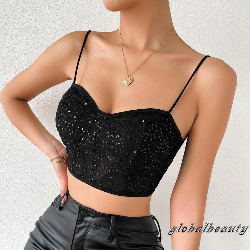 Áo Croptop Lưới Không Tay Hở Lưng Khoét Sâu Đính Kim Sa Lấp Lánh Thời Trang Mùa Hè Cho Nữ