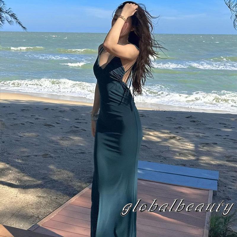 Đầm Midi Dài Không Tay Màu Trơn Cổ Yếm Xếp Ly Trang Trí Tiệc Tùng Dành Cho Nữ