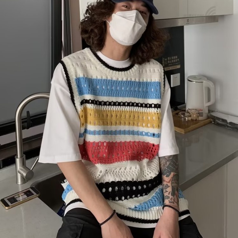 Áo Sweater Dệt Kim Sát Nách Kẻ Sọc Màu Sắc Tương Phản Kiểu Retro Cá Tính Cho Nam