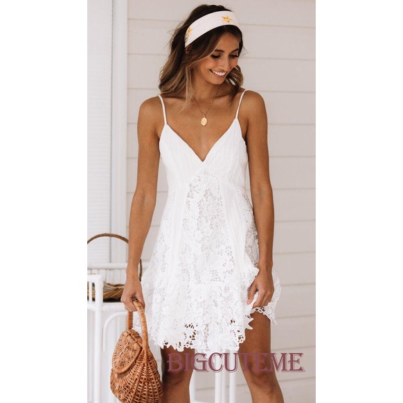 [] - Đầm Hai Dây Cổ Chữ V Màu Trắng Trơn Mini Thời Trang Mùa Hè Cho Nữ