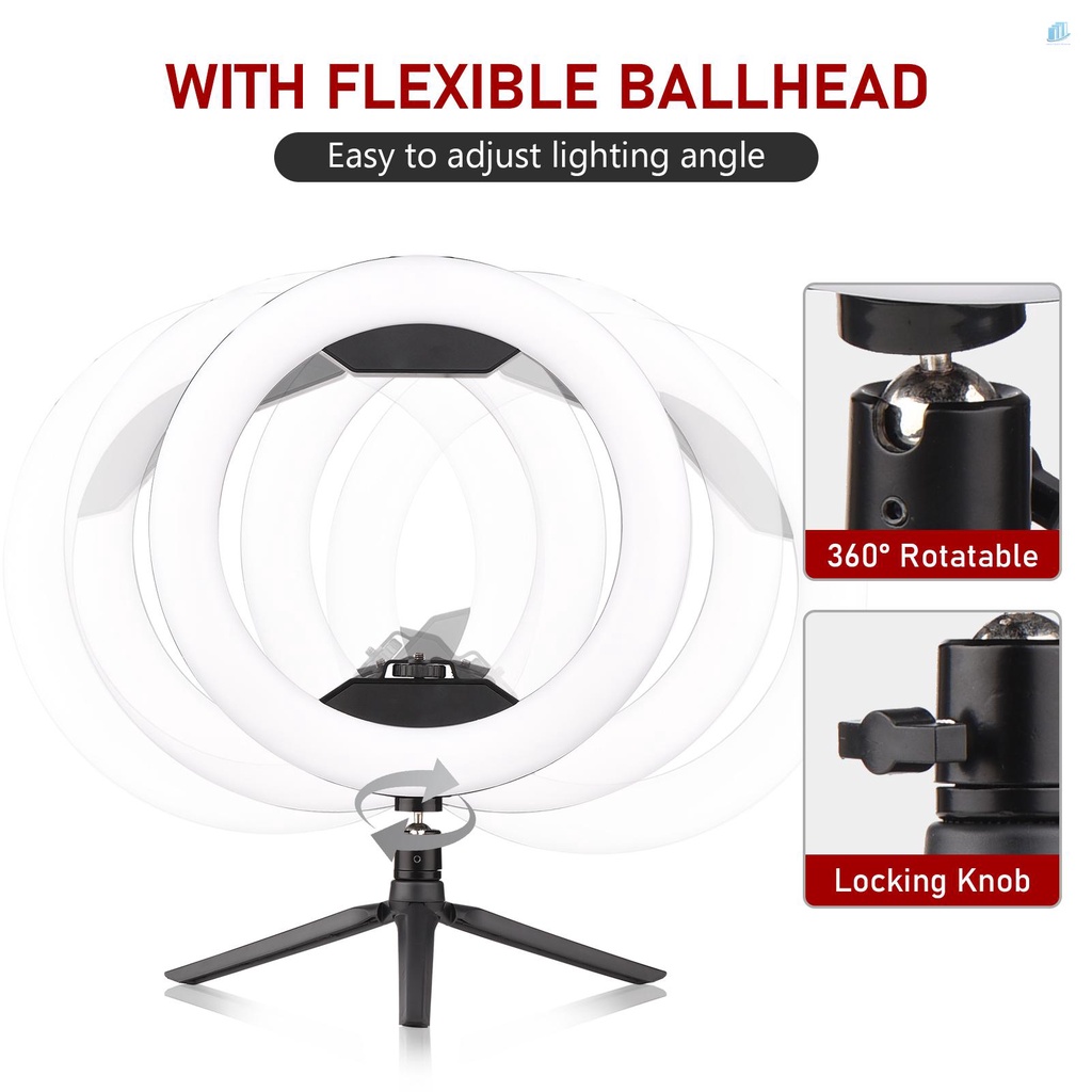 Vòng Đèn LED Video Cầm Tay 12 Inch 3200K-5500K Có Thể Điều Chỉnh Độ Sáng Tích Hợp Pin Hai Mặt Để Bàn + Bộ Chuyển Đổi Đầu Bi + Giá Đỡ Điện Thoại Linh Hoạt