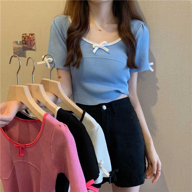 Áo Dệt Kim Ngắn Tay Phối Nơ Xinh Xắn Theo Phong Cách Hàn Quốc Dành Cho Nữ