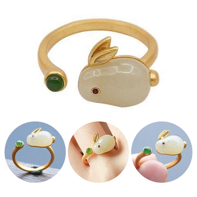 Margot Nhẫn Đính Đá Ngọc Bích Tự Nhiên Hình Thỏ Dễ Thương Có Thể Điều Chỉnh Cho Nữ