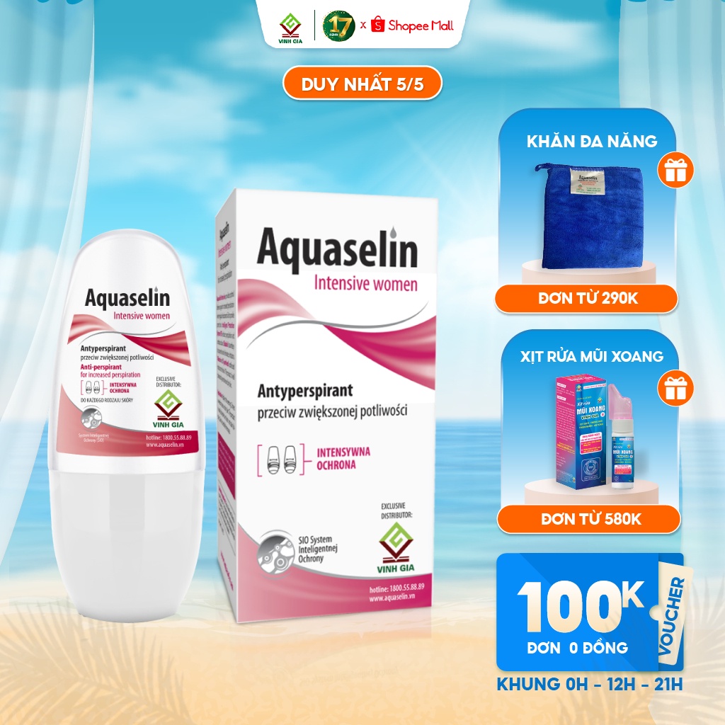 Lăn Khử Mùi Cho Nữ AQUASELIN Intensive Women Không Cồn Không Mùi Không Thâm Nách Giảm Mồ Hôi Lên Đến 72h Dung Tích 50ml