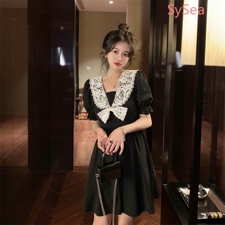 Đầm Đen Cổ Búp Bê Phối Ren Thời Trang Mùa Hè Cho Nữ Có Size Lớn