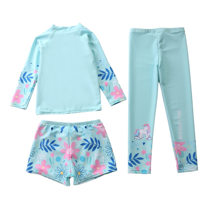 Đồ bơi bé gái, tay dài quần dài chống nắng, set 3 món, chất vải mềm mại, co giãn có size cho bé từ 14kg đến 34kg