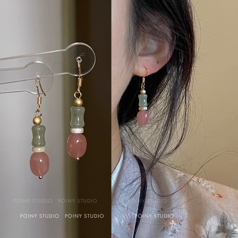 Khuyên Tai Kẹp Vành Tai Bằng Tre Đính Đá Ngọc Bích Phong Cách Trung Hoa Cổ Điển Sang Trọng