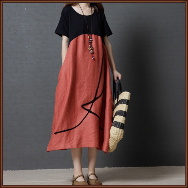 Đầm Cổ Tròn Size Lớn Phối Màu Thời Trang Mùa Hè Cho Nữ