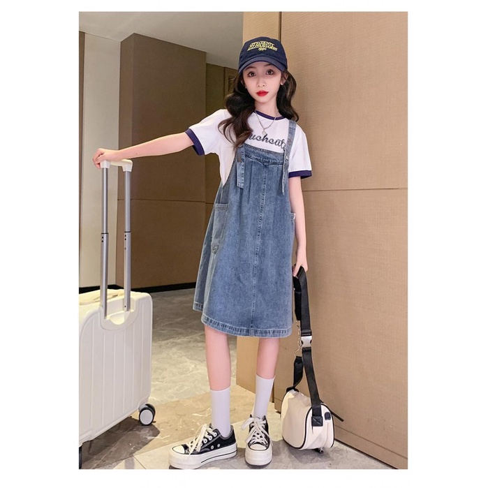 Set Áo Thun Cotton + Váy Yếm Denim Thời Trang Hè 2023 Cho Bé Gái 5-6 - 7-8 - 9-10 - 12-13 - 14-15 Tuổi