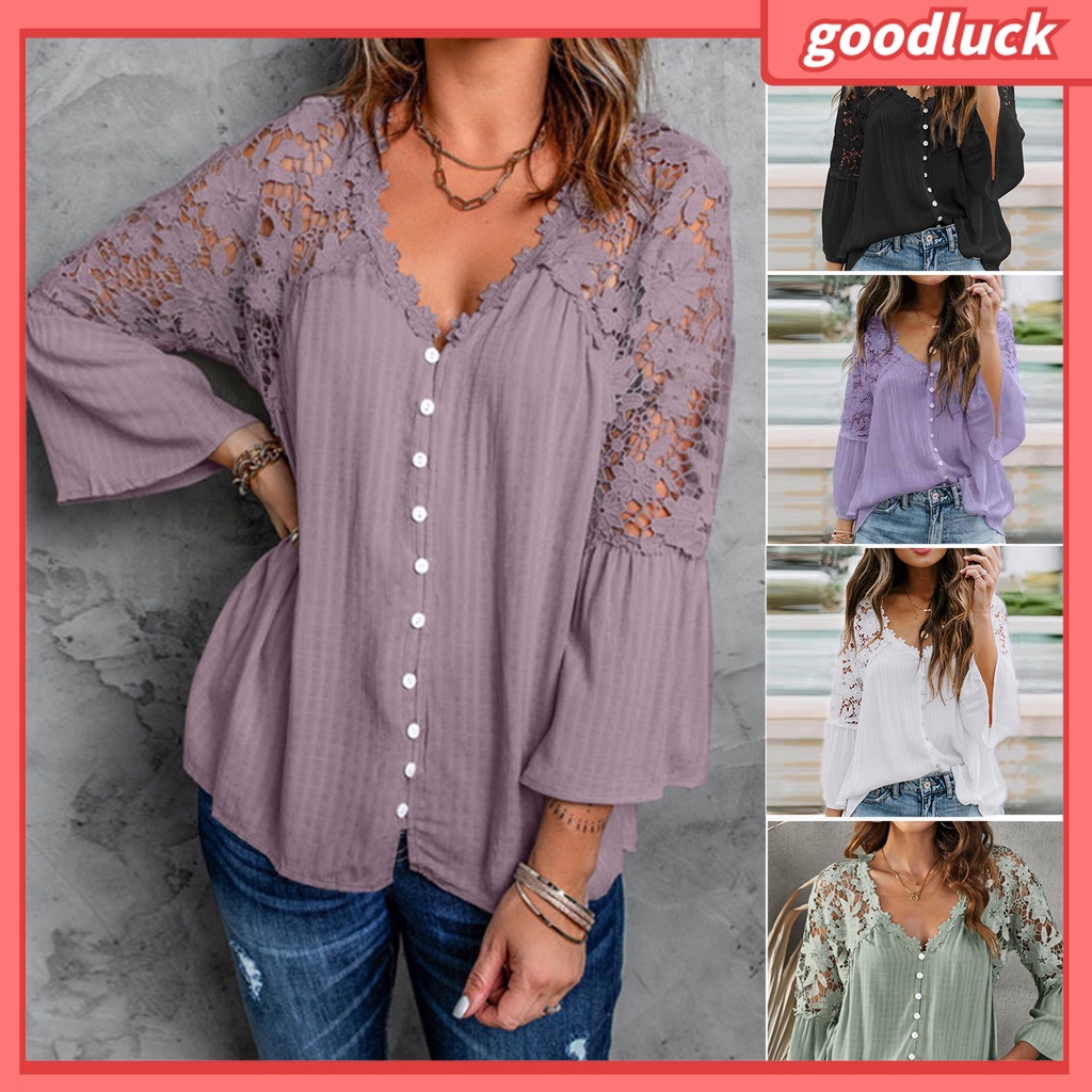Áo Sơ Mi Tay Loe 3 / 4 Cổ Chữ V Màu Sắc Thời Trang Dành Cho Nữ