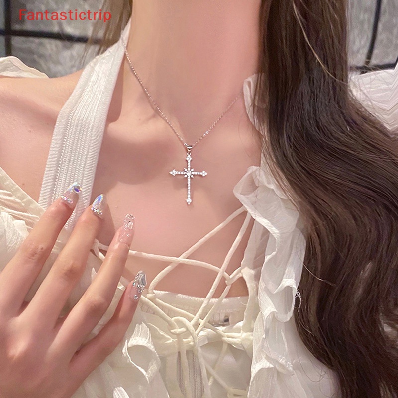 [Fantastictrip] Vòng Cổ Choker Dây Xích Mặt Chữ Thập Đính Đá Zircon Màu Bạc Thời Trang Mới Cho Nữ