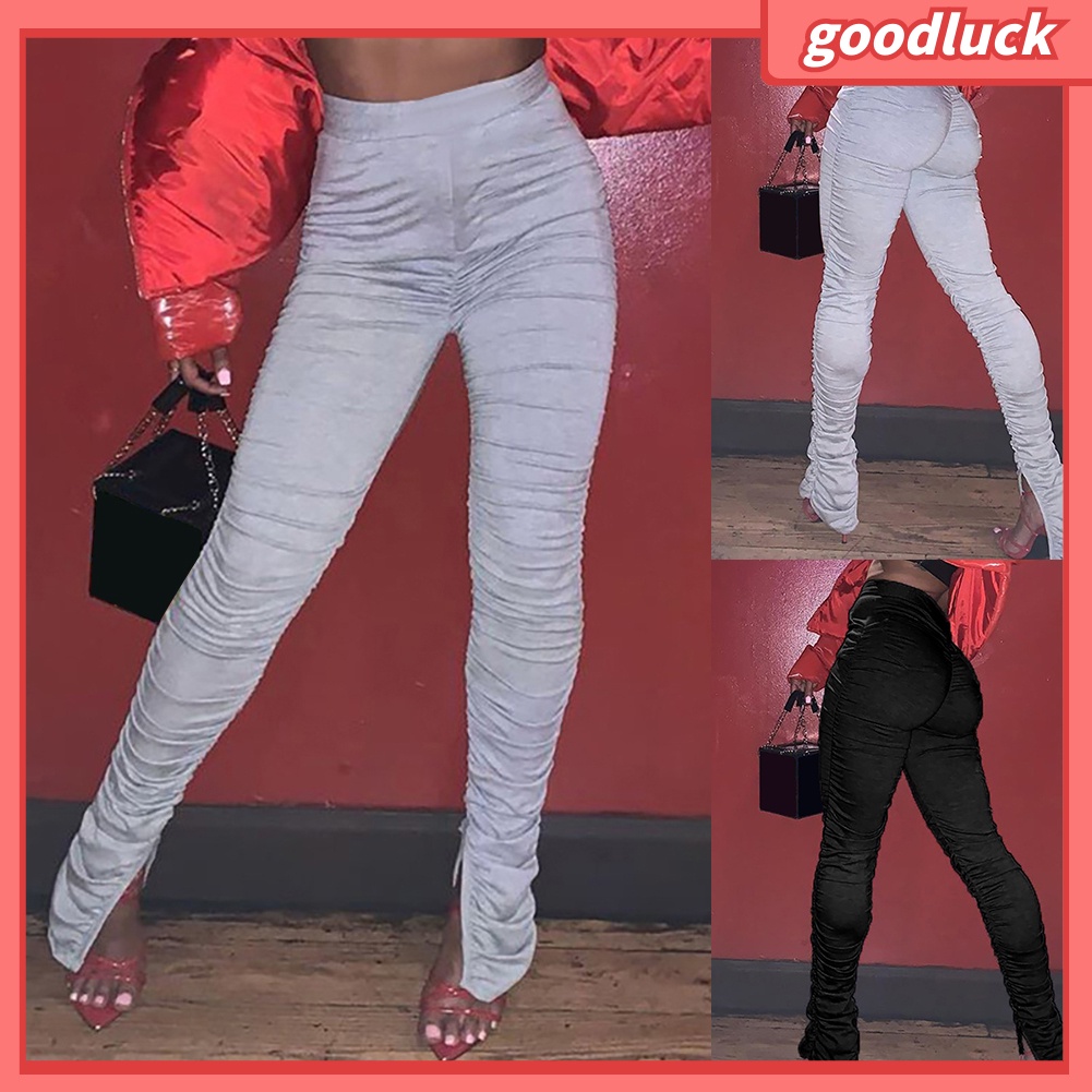 [ULK] Quần Thể Thao Dáng Ôm Lưng Cao Co Giãn Xẻ Tà Xếp Chồng Thời Trang Cho Nữ