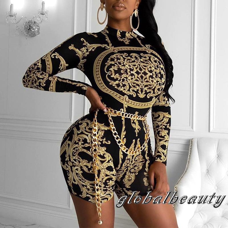 Bộ Áo Liền Quần Ngắn Tay Dài Cổ Cao Ôm Dáng In Họa Tiết Cho Nữ