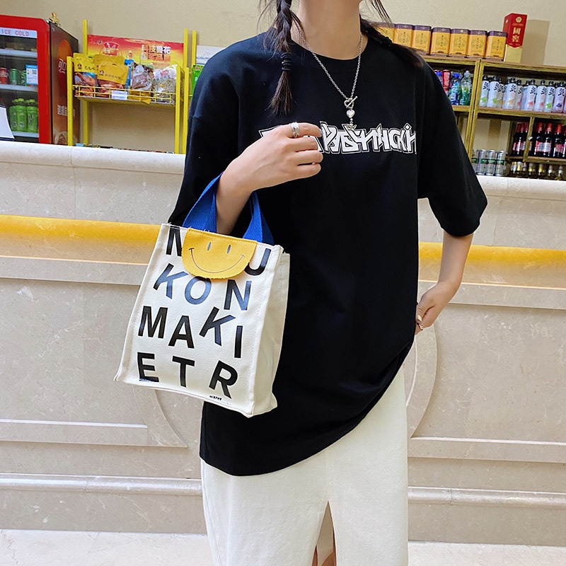 Túi Đựng Hộp Cơm Trưa Xách Tay Vải Bố In Hình Mặt Cười Nhỏ Nhắn Thời Trang 2023 18X