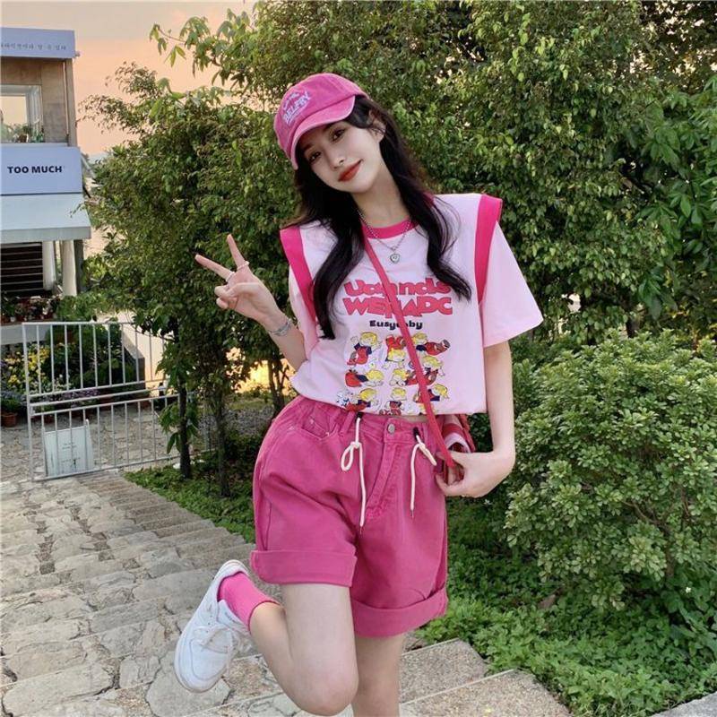 Bộ Áo Thun Dáng Rộng In Họa Tiết + Quần Short Lưng Cao Ống Rộng Thời Trang Mùa Hè Hàn Quốc Mới Cho Nữ