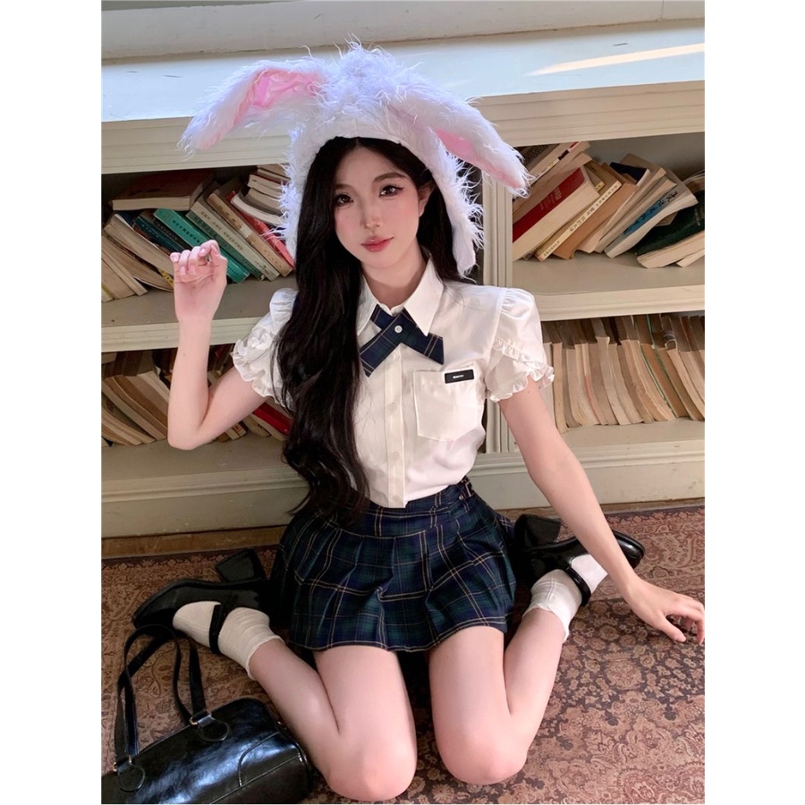 Bộ Áo Sơ Mi Ngắn Tay + Chân Váy Xếp Ly Lưng Cao Thời Trang Cho Nữ