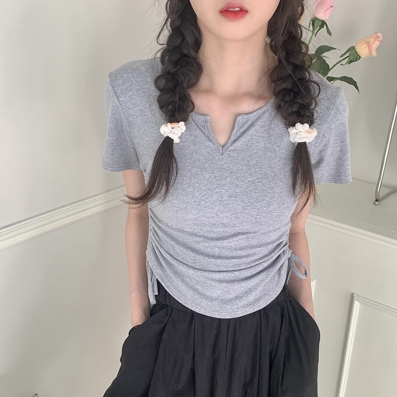 COZOK Áo Thun Ngắn Tay Cổ Chữ V Rút Dây Thời Trang Nữ