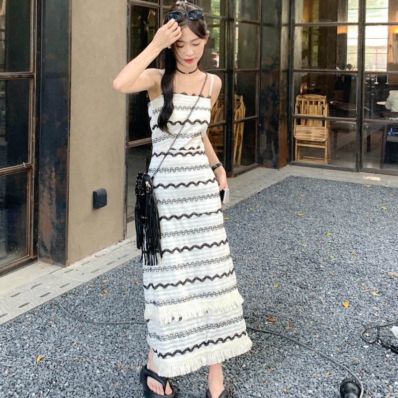 Đầm Hai Dây Dáng Dài In Họa Tiết Gợn Sóng Thời Trang Mùa Hè Xinh Xắn Cho Nữ