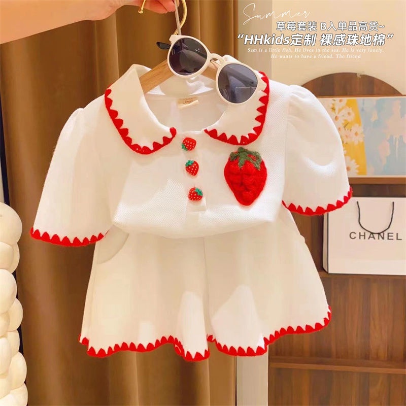 Set Áo polo Ngắn Tay In Hình Dâu Tây Và Quần Short Thời Trang Cho Bé Gái