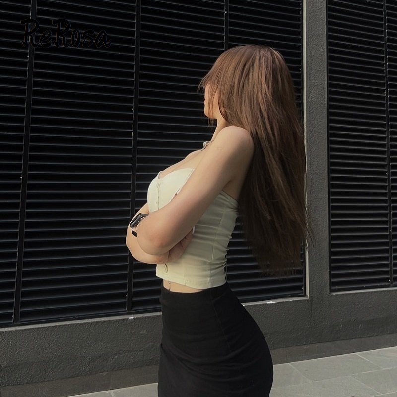 Rerosa Áo Ống Màu Trơn Trễ Vai Cài Nút Thời Trang Quyến Rũ Cho Nữ