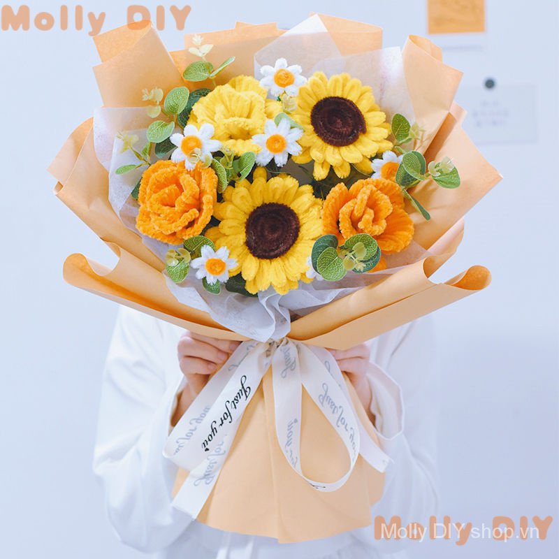 Bộ 12 Bông Hoa Hướng Dương Nhỏ Xinh Xắn Làm Hoa Bó DIY Set vật liệu là, Rậm Dây Kẽm nhung,  Với hướng, kẽm long, dẫn Làm Thủ Công décor