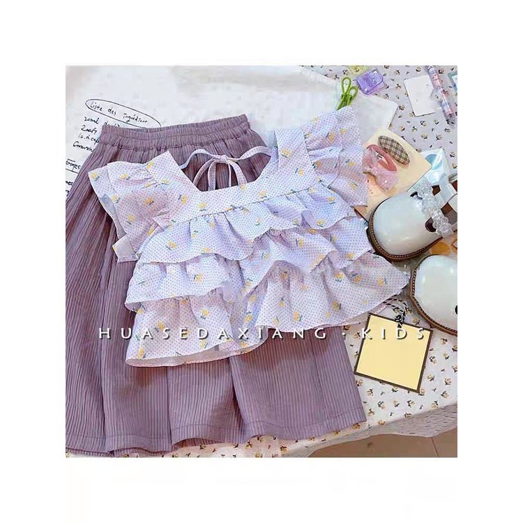 Set Áo Thun Ngắn Tay + Quần Ống Rộng Phong Cách Phương Tây Thời Trang Mùa Hè 2023 78O6 Cho Bé Gái