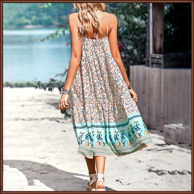 Đầm Hai Dây Hở Lưng Cổ Chữ V Họa Tiết Hoa Phong Cách Boho Thời Trang Mùa Hè Cho Nữ
