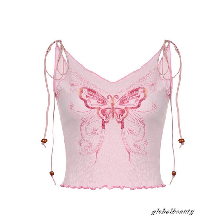 Áo Hai Dây Cổ Chữ V Buộc Dây Hở Lưng In Họa Tiết Bướm Thời Trang Mùa Hè Cho Nữ