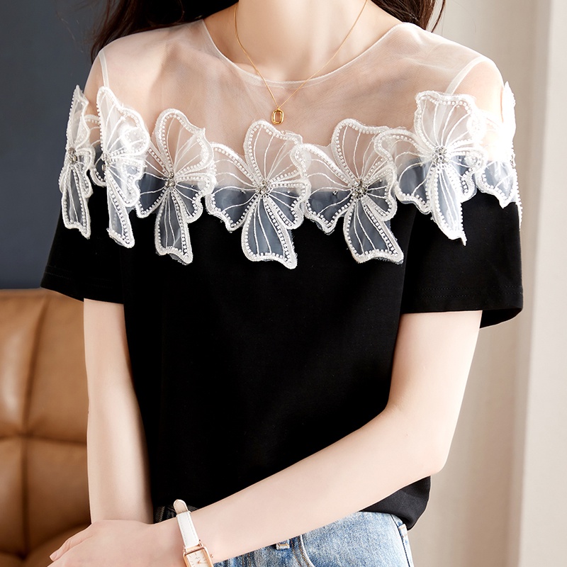 Áo Sơ Mi Chiffon Tay Ngắn Cổ Tròn Đính Hạt Thời Trang Mùa Hè Màu Đen Cho Nữ