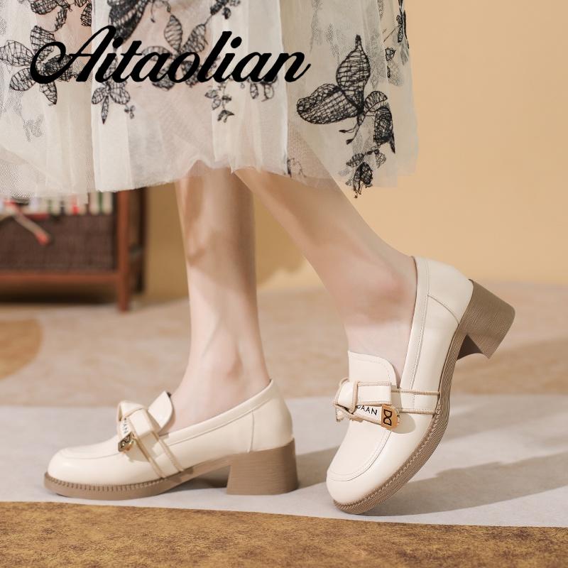 Giày Lười Da Thật Đế Bằng 4.5cm Thắt Nơ Xinh Xắn Hợp Thời Trang Cho Bạn Gái