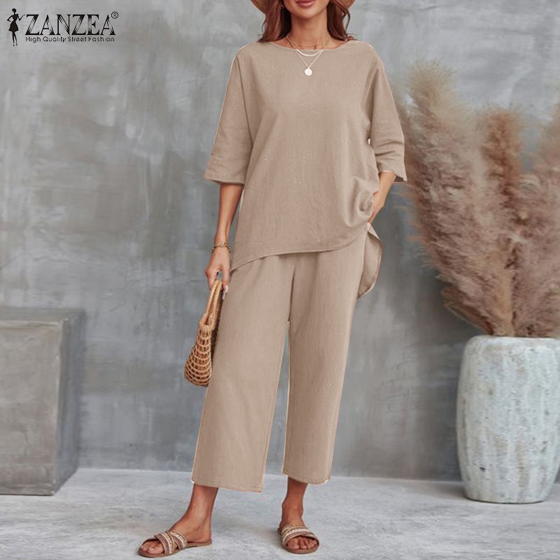 Bộ đồ ZANZEA gồm áo tay lửng cổ tròn phối quần dài lưng cao có túi phong cách cổ điển thời trang cho nữ