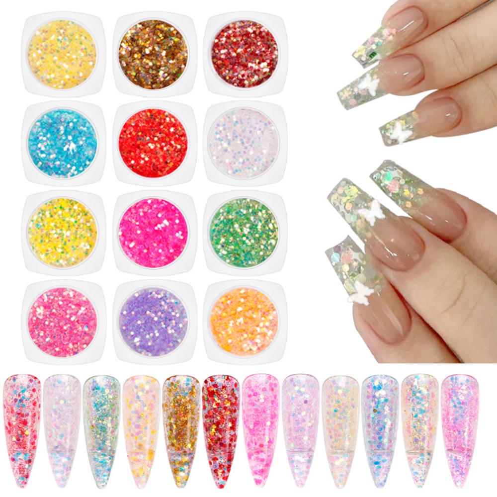 Set 12 Hộp Phụ Kiện Kim Tuyến Lấp Lánh Trang Trí Móng Tay Nghệ Thuật Kèm Hộp Đựng